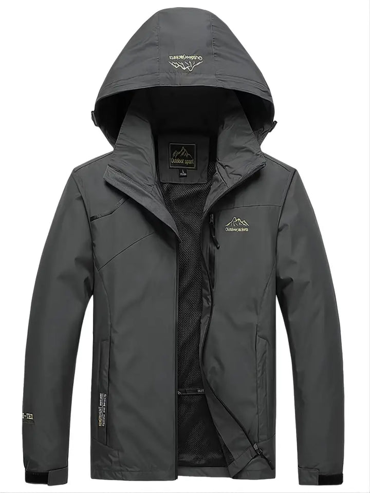 Dunkelgraue Outdoorjacke mit Kapuze, wasserdicht, atmungsaktiv, für Herren, Wanderjacke.