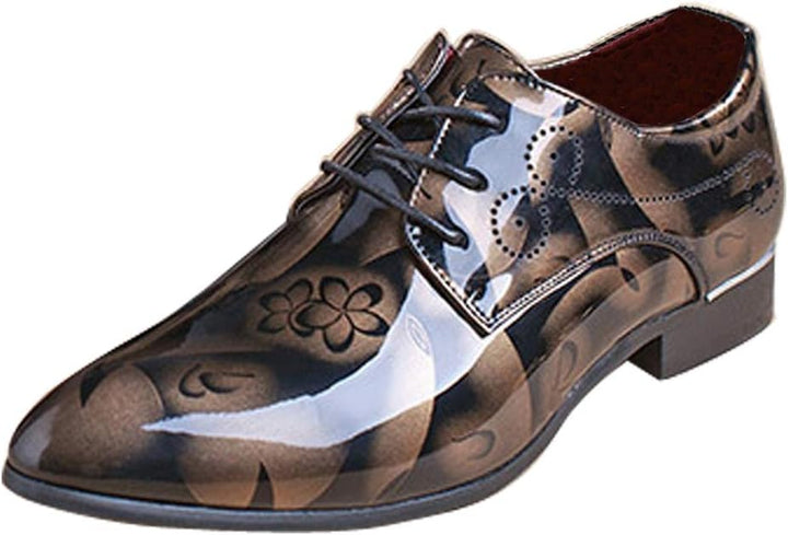 Herren-Lackschuh mit floralem Muster, schwarz-braun, elegantes Design, Schnürschuh.