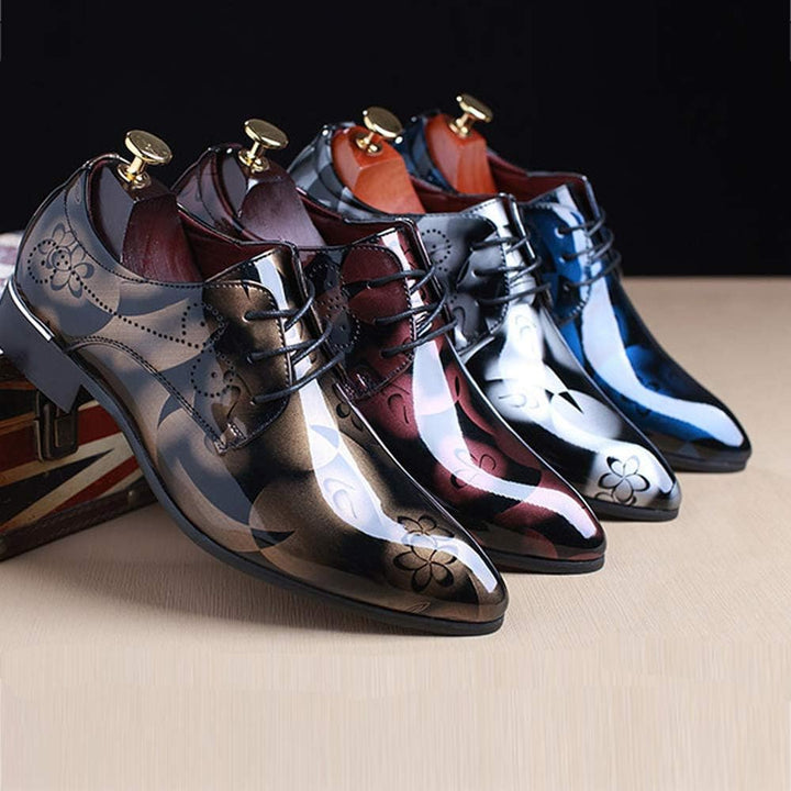 Herren-Lederhalbschuhe, glänzend, floral, schwarz, braun, blau, formell, elegant, modisch.