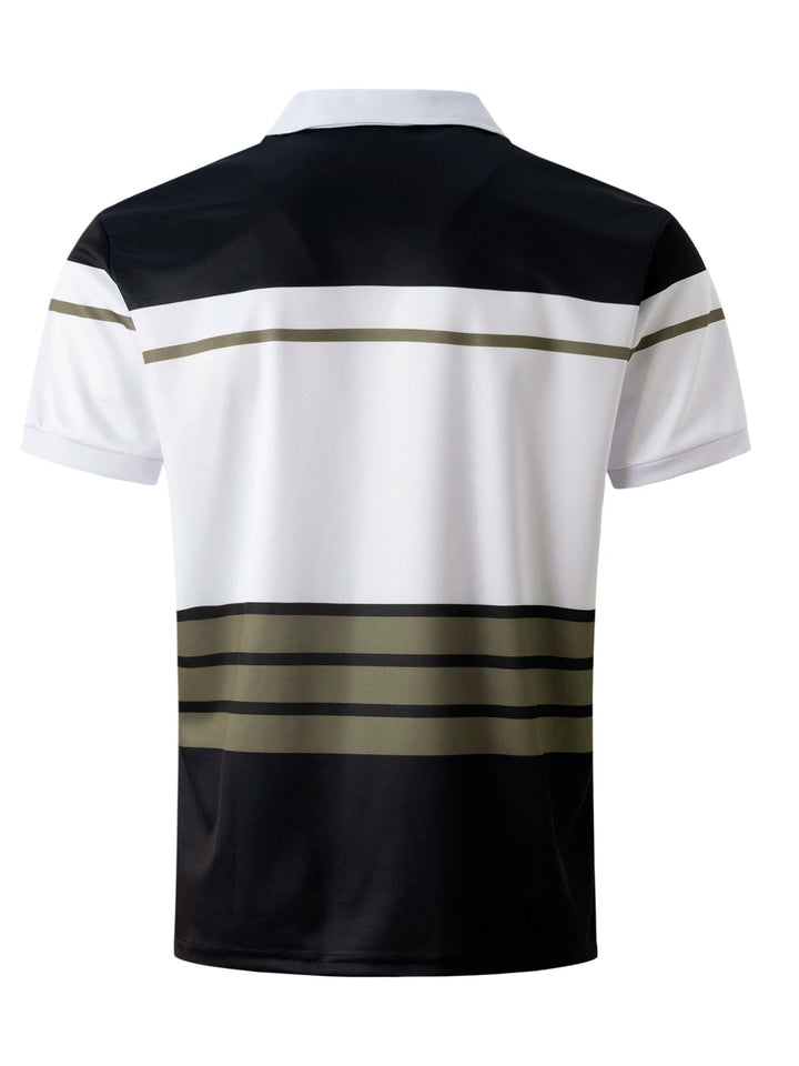Herren-Poloshirt, schwarz-weiß, Streifenmuster, Kurzarm, Freizeitmode, Polyester.