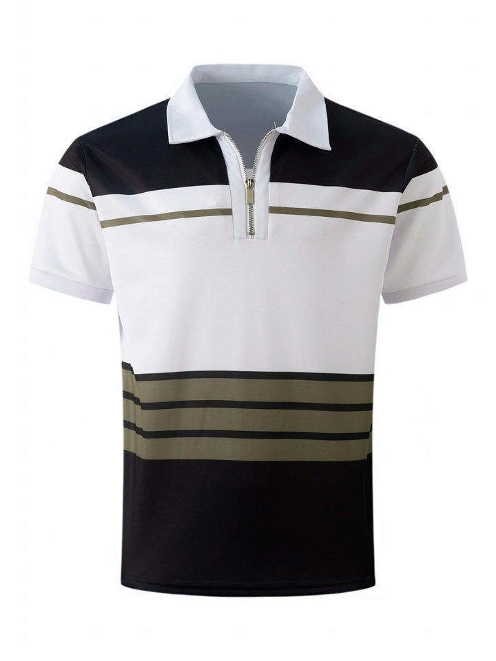 Herren-Poloshirt, schwarz-weiß, Streifenmuster, Reißverschluss, kurzärmelig, Baumwolle.