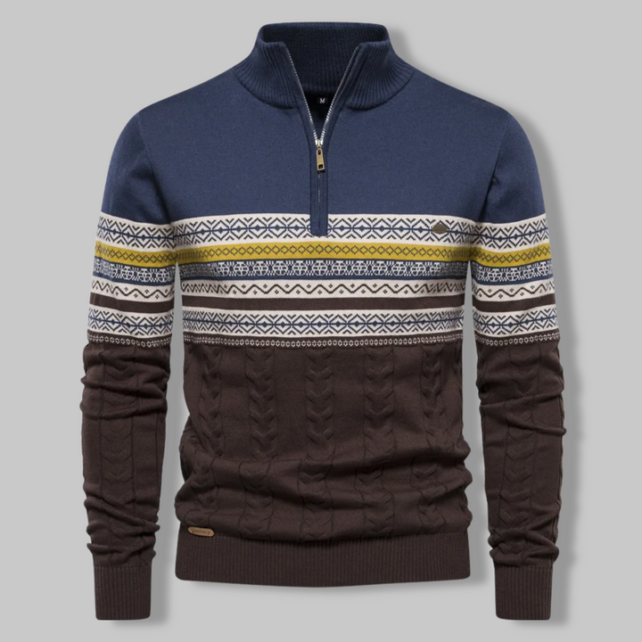 Herrenpullover mit Reißverschluss, blau-braun, Norwegermuster, Strick, Wintermode.