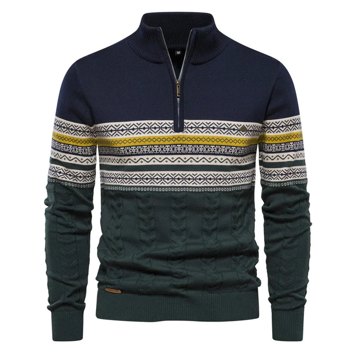 Dunkelblauer und grüner Herrenpullover mit Reißverschluss und Norwegermuster.