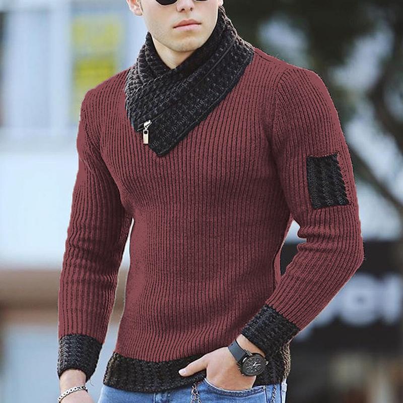 Männer Pullover, rot, Strick, Reißverschluss, modisch, Wintermode, warm, stilvoll, Freizeitkleidung.