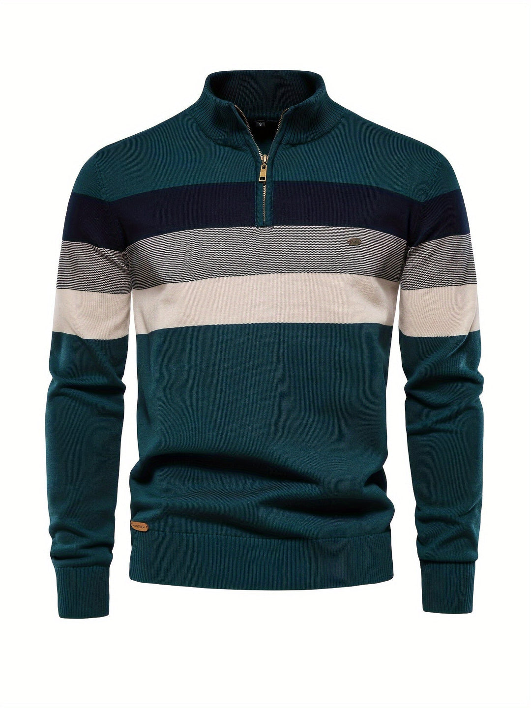 Grüner Herrenpullover mit Reißverschluss, gestreift, Baumwolle, modisch, bequem, Herbstmode.
