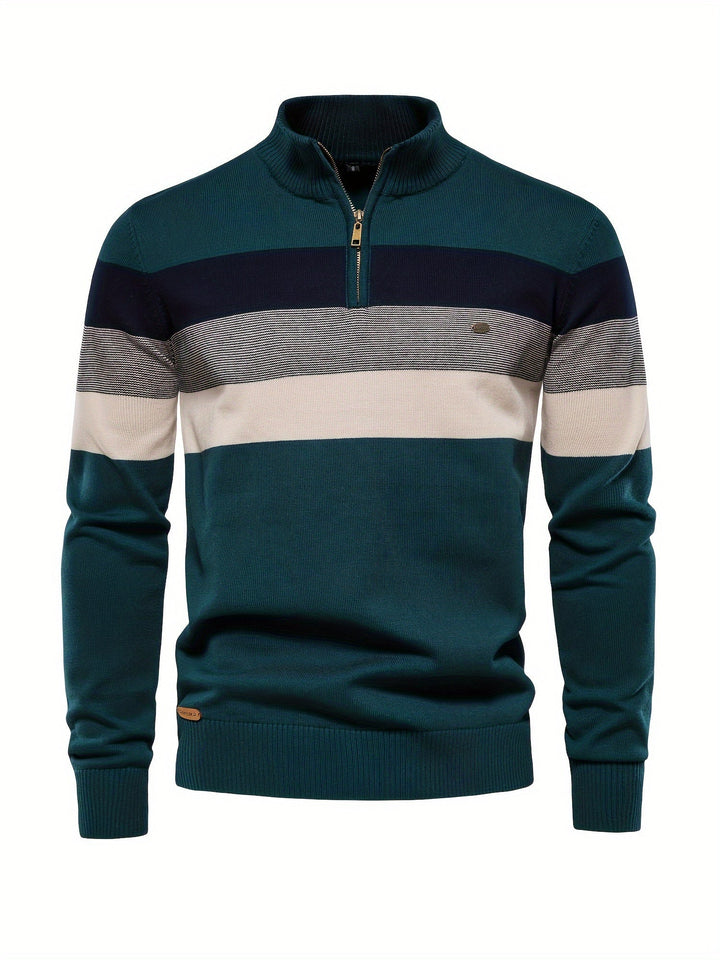 Grüner Herrenpullover mit Reißverschluss, gestreift, Baumwolle, modisch, bequem, Herbstmode.