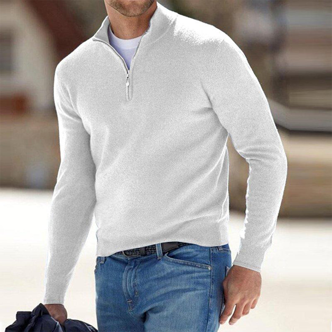 Weiße Herrenstrickjacke mit Reißverschluss, lässig, modisch, bequem, ideal für Herbst.