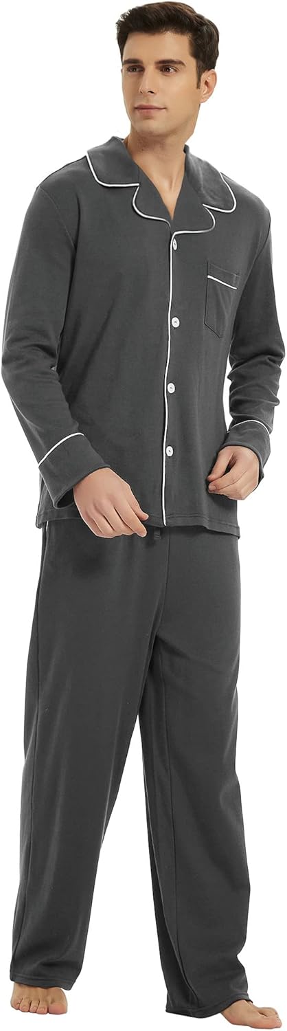 Männer Pyjama Set, dunkelgrau, Baumwolle, Langarm, Knopfleiste, bequem, Nachtwäsche.
