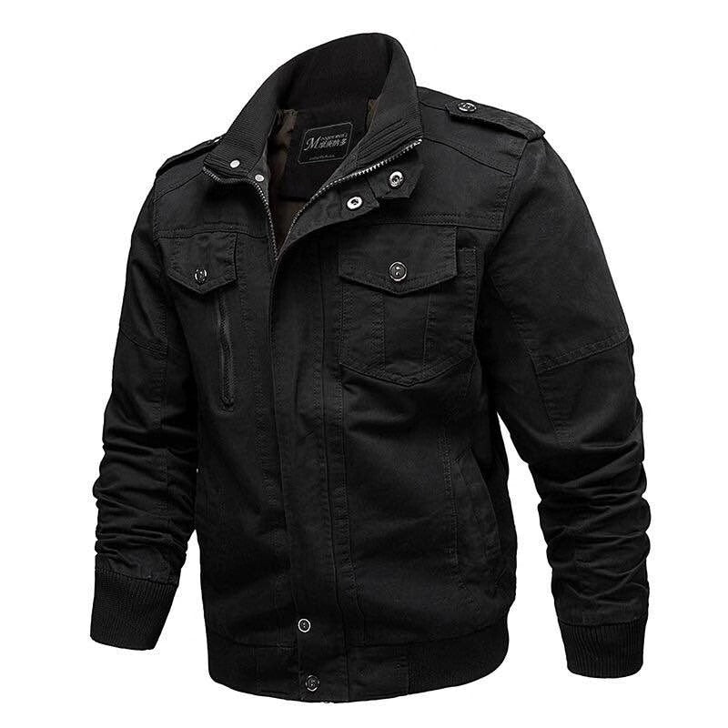 Schwarze Herrenjacke, Baumwolle, Reißverschluss, Taschen, modisch, lässig, Herbstbekleidung.