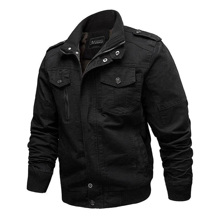 Schwarze Herrenjacke, Baumwolle, Reißverschluss, Taschen, modisch, lässig, Herbstbekleidung.