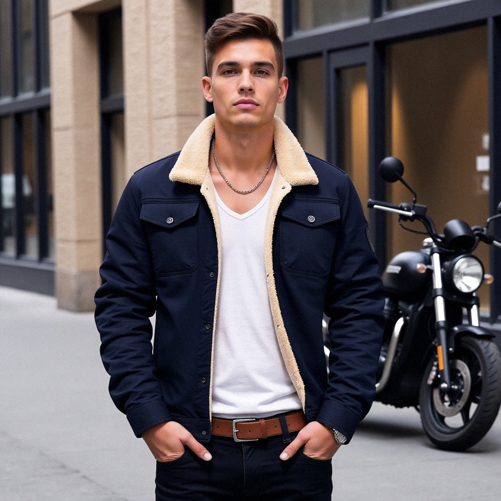 Mann in schwarzer Jacke mit Fellkragen, weißem T-Shirt, Motorrad im Hintergrund, urbaner Stil.