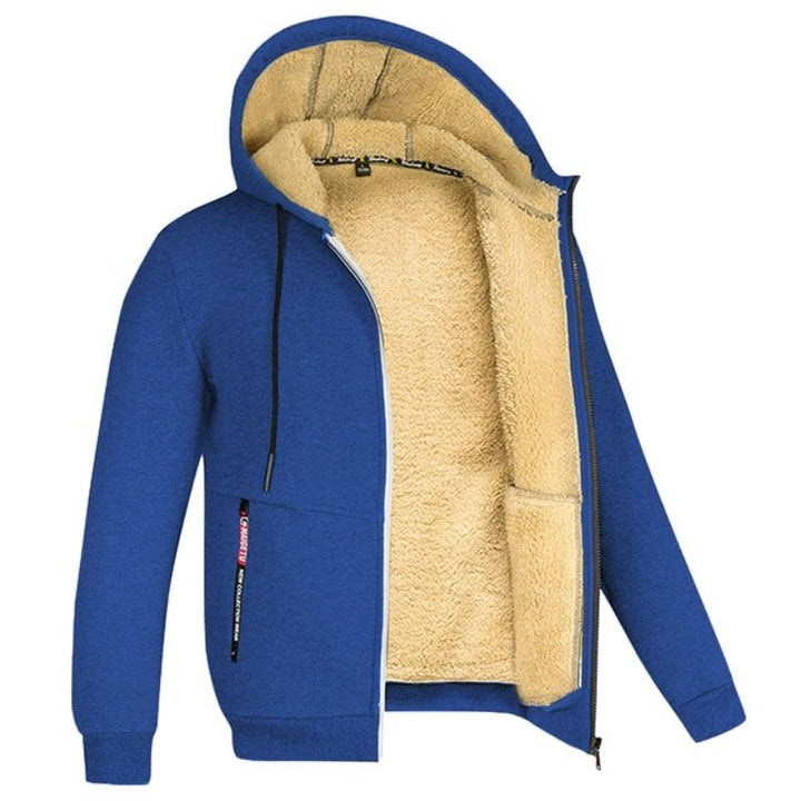 Blaues Herren-Sweatshirt mit Reißverschluss, Sherpa-Futter, Kapuze, Wintermode, casual.
