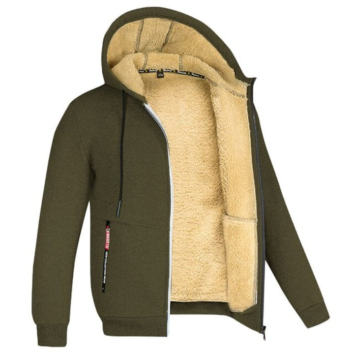 Grünes Herren-Sweatshirt mit Reißverschluss, Sherpa-Futter, Kapuze, Wintermode.