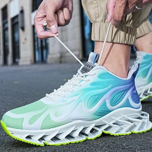 Herren Sneaker, grün-blau, atmungsaktiv, sportlich, Straßenlauf, modisches Design.