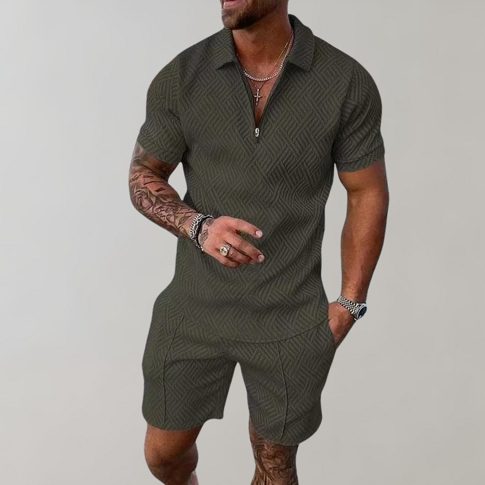 Männer Sommer-Set, olivgrün, Kurzarm, Reißverschluss, Freizeitmode, Baumwolle, modern.
