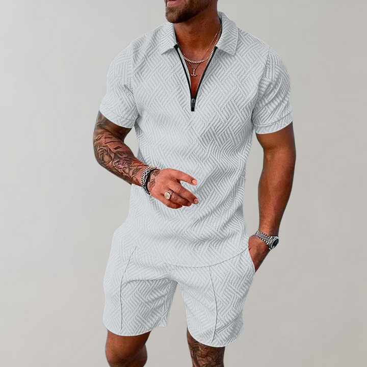 Männer Sommer Set, weiß, kurzärmelig, Reißverschluss, Freizeitanzug, Herrenmode.