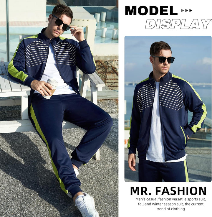 Männer Sportanzug blau-gelb, Freizeitmode, Herbst-Winter, trendige Herrenbekleidung.