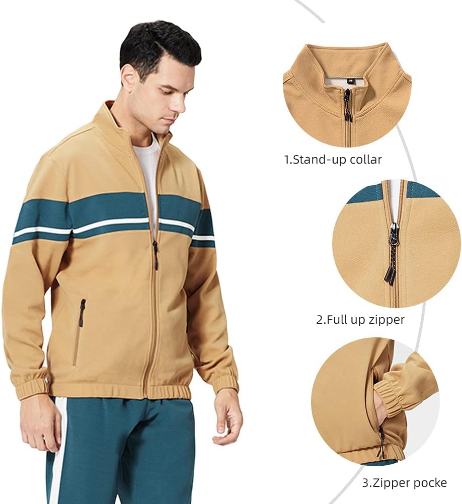 Beige Herren-Trainingsjacke mit Stehkragen, Reißverschluss, Taschen, blau-weißen Streifen.
