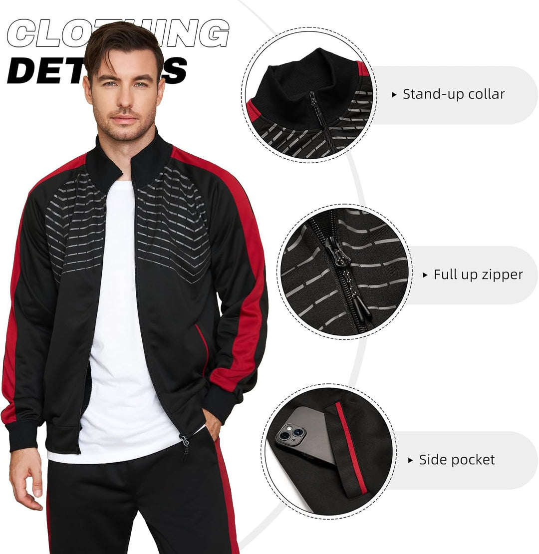 Schwarze Herren-Trainingsjacke mit rotem Streifen, Stehkragen, Reißverschluss, Seitentasche.