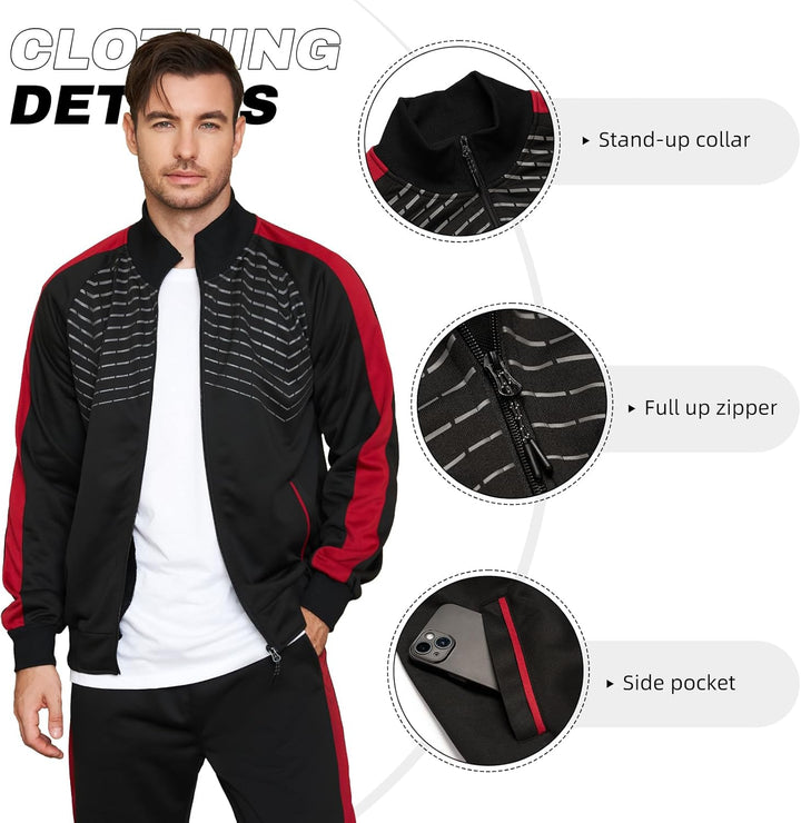 Schwarze Herren-Trainingsjacke mit rotem Streifen, Stehkragen, Reißverschluss, Seitentasche.