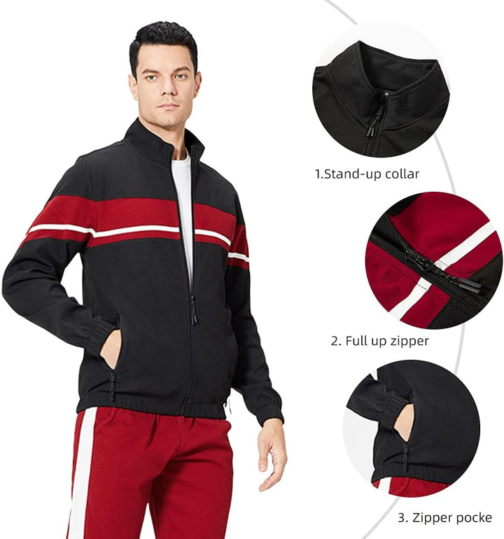 Schwarze Herren-Trainingsjacke mit rotem Streifen, Stehkragen, Reißverschluss, Taschen.