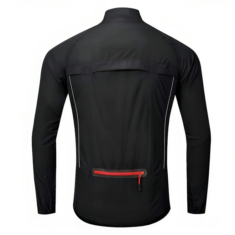 Schwarze Herren-Radjacke mit rotem Reißverschluss, atmungsaktiv, wasserabweisend.