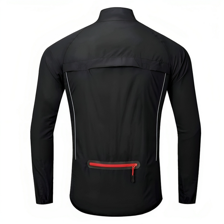 Schwarze Herren-Radjacke mit rotem Reißverschluss, atmungsaktiv, wasserabweisend.