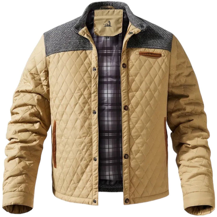 Beige gesteppte Herrenjacke mit Karomuster, Lederdetails, ideal für Herbstmode.
