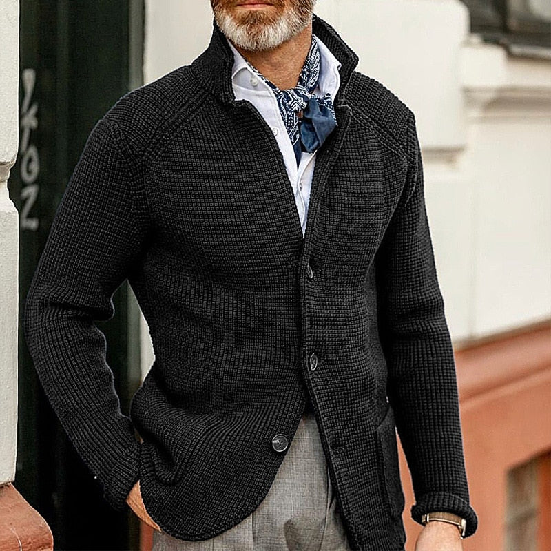 Schwarzer Herren-Strickmantel mit Stehkragen, langärmelig, warm, lässig, dicker Cardigan.