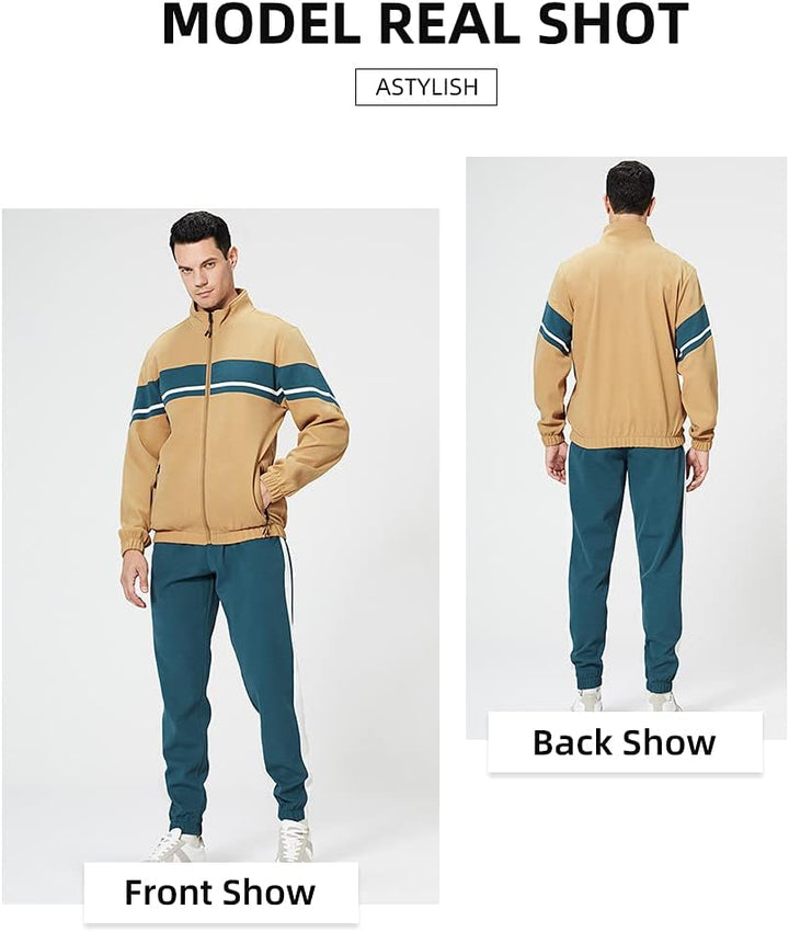 Herren-Trainingsanzug, beige-blau, Reißverschluss, sportlich, Modellansicht, Vorder- und Rückseite.