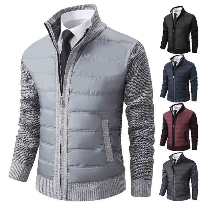 Graue Herrenjacke, gesteppt, mit Strickärmeln, modisch, warm, Herbst-Winter, casual.