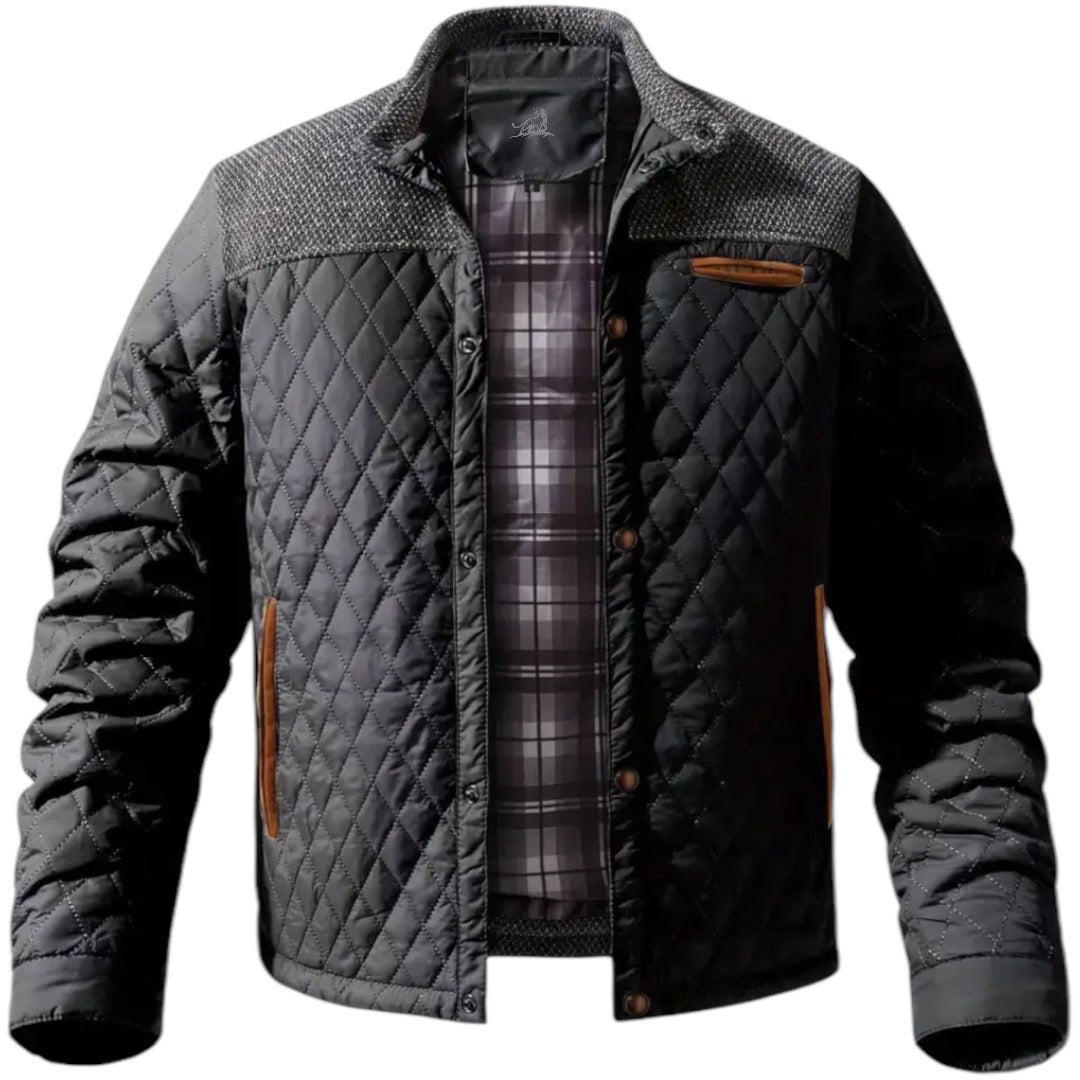 Schwarze gesteppte Herrenjacke, kariertes Innenfutter, Lederdetails, modisch, warm.