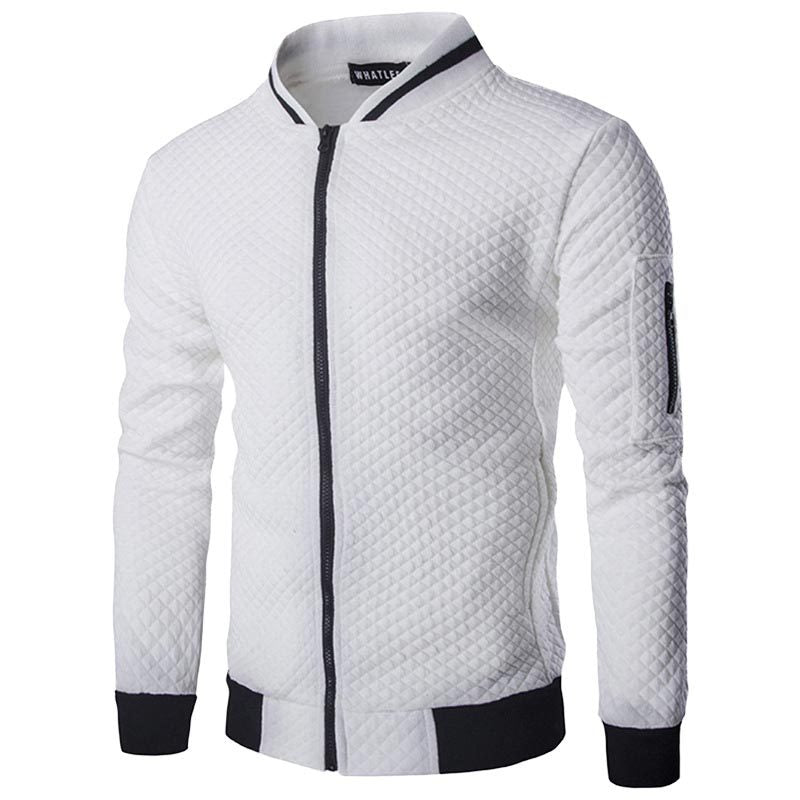 Weiße gesteppte Herrenjacke mit Reißverschluss, Stehkragen, Slim Fit, lange Ärmel.