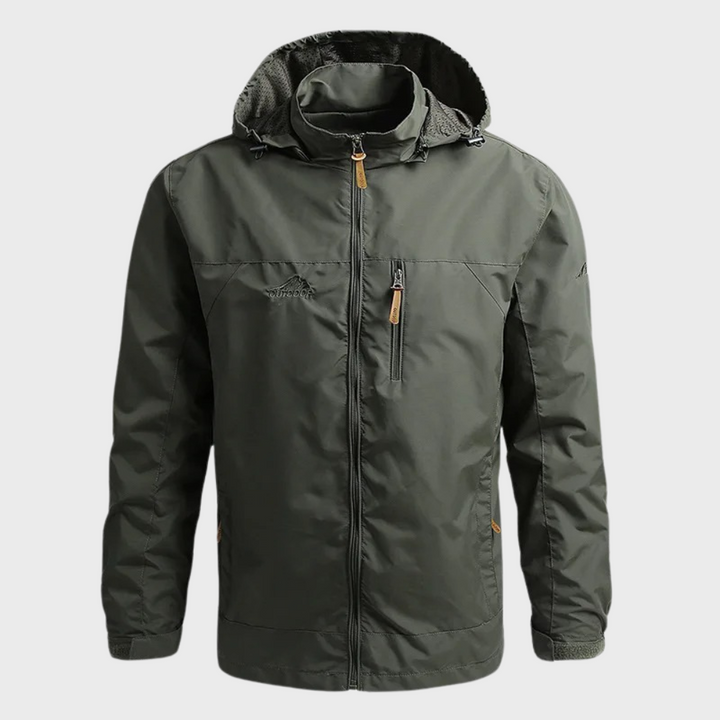 Armeegrüne Herrenjacke mit Kapuze, Reißverschluss, Outdoor-Design, wasserabweisend.