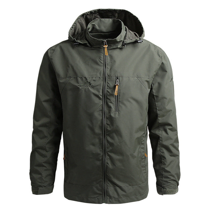 Armeegrüne Herrenjacke mit Kapuze, Reißverschluss, wasserabweisend, Outdoor-Bekleidung.