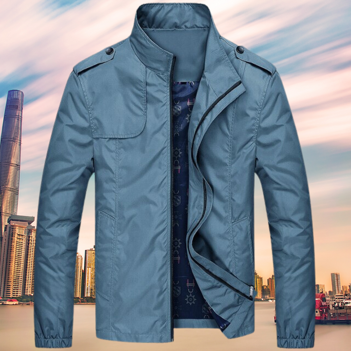 Blaue Herrenjacke, winddicht, mit Reißverschluss, ideal für Frühling und Herbst, modisch.
