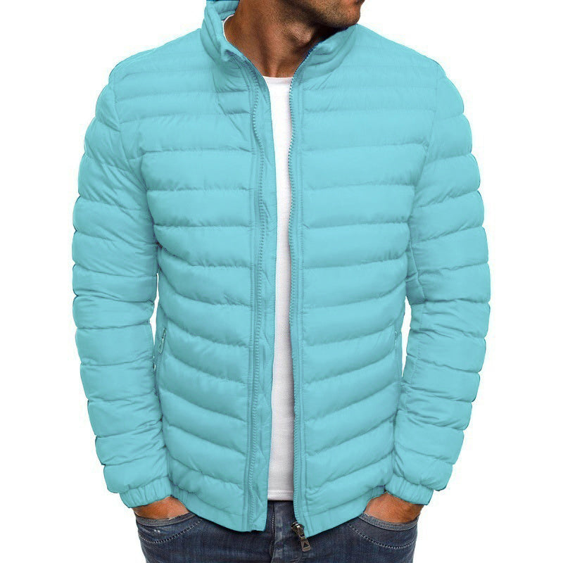 Herren Winterjacke, hellblau, Stehkragen, Daunenoptik, modisch, warm, Streetwear.