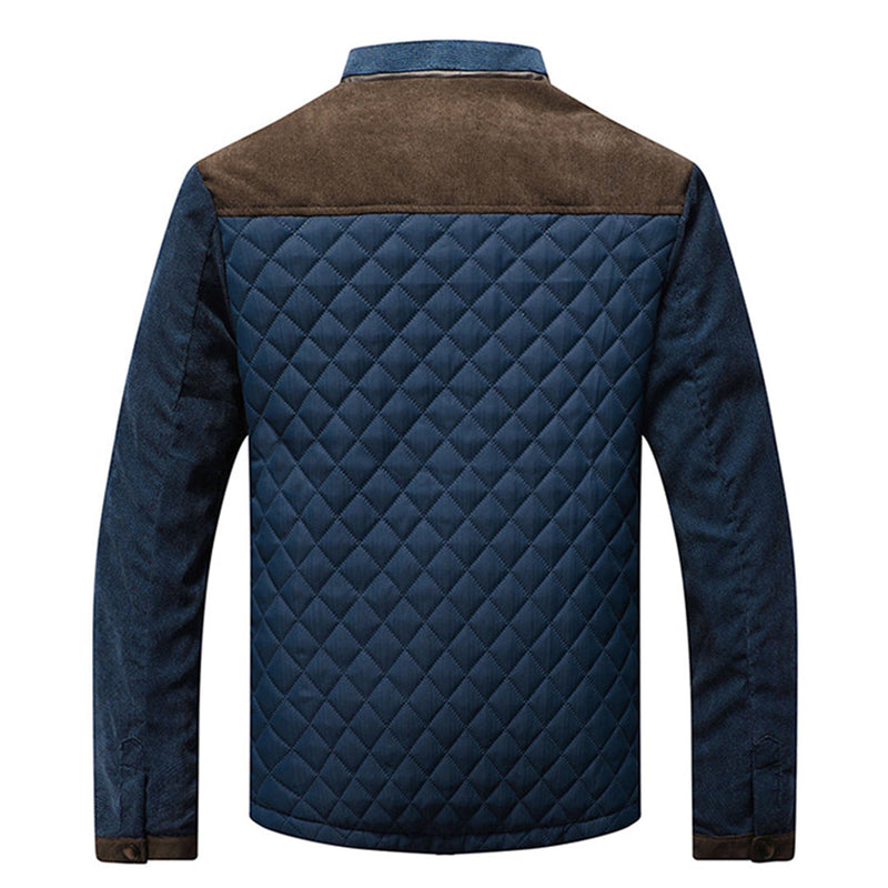 Herrenjacke blau, gesteppte Rückseite, braune Schulterpartie, modisch, warm, Herbstmode.