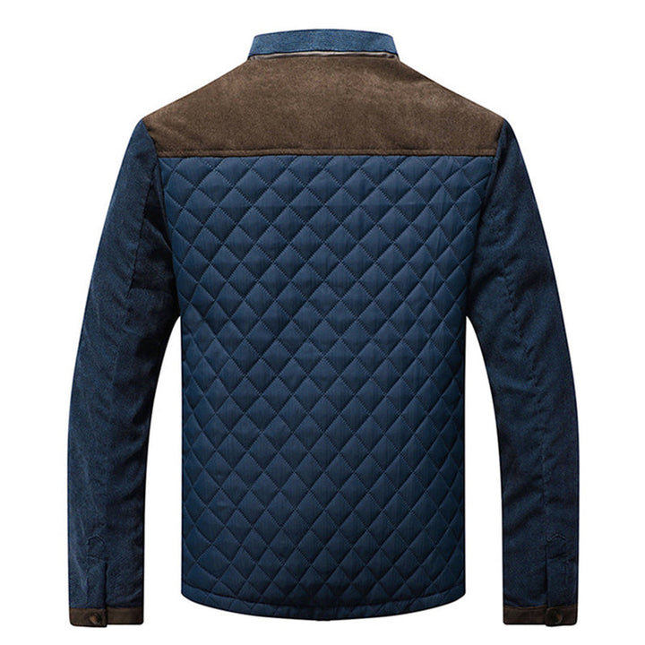 Herrenjacke blau, gesteppte Rückseite, braune Schulterpartie, modisch, warm, Herbstmode.