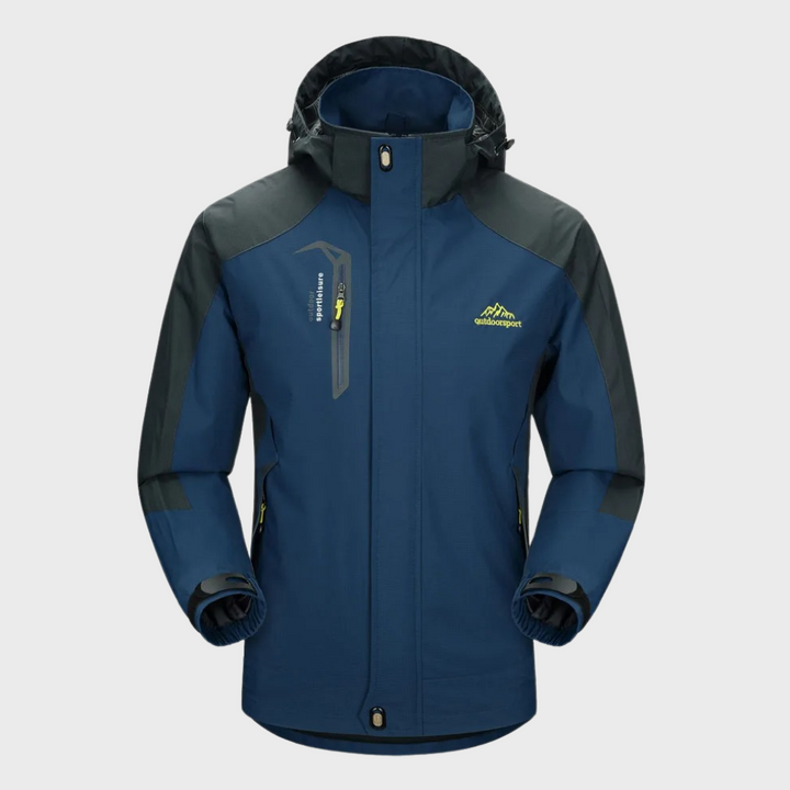 Dunkelblaue Outdoor-Jacke mit Kapuze, wasserdicht, winddicht, Herren, funktional.