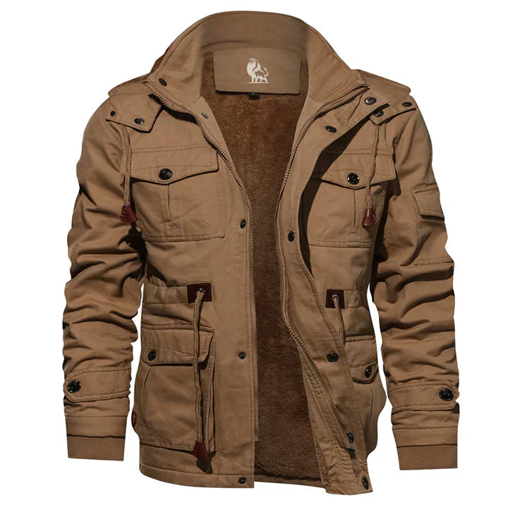 Braune Herrenjacke, Baumwolle, mit Kapuze, Reißverschluss, Outdoor, Herbstmode, warm gefüttert.