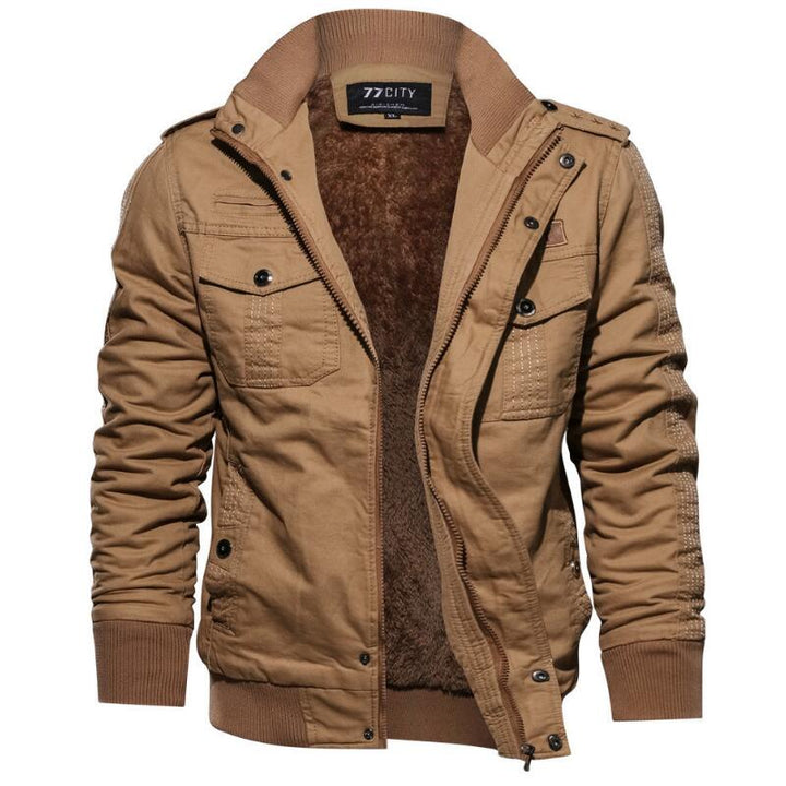 Braune Herrenjacke mit Kapuze, Reißverschluss, Taschen, gefüttert, Baumwolle, modisch.