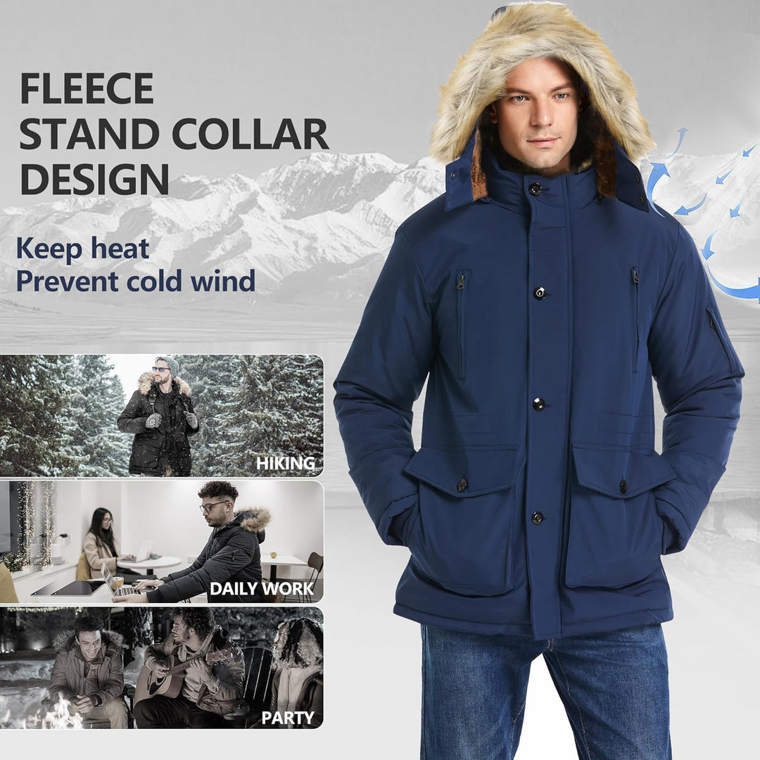 Mann in blauer Winterjacke mit Kapuze, Fleece-Stehkragen, ideal für Kälte, Wandern, Arbeit, Party.