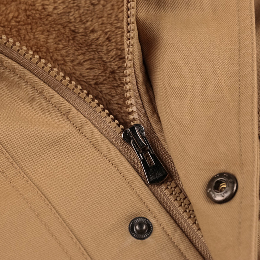 Beige Herrenjacke mit Kapuze, Plüschfutter, Reißverschluss, Wintermantel, Baumwolle.