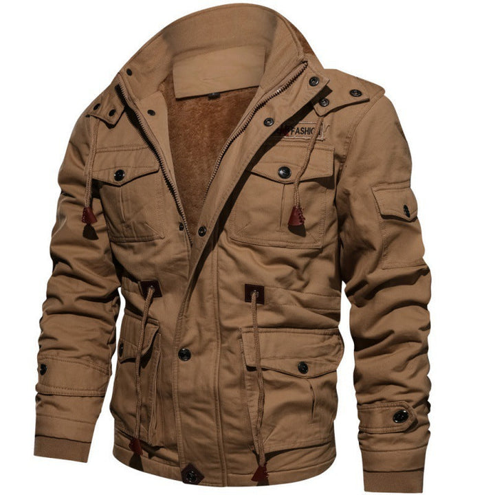 Braune Herrenjacke, Baumwolle, mit Kapuze, Outdoor-Design, mehrere Taschen, modisch.