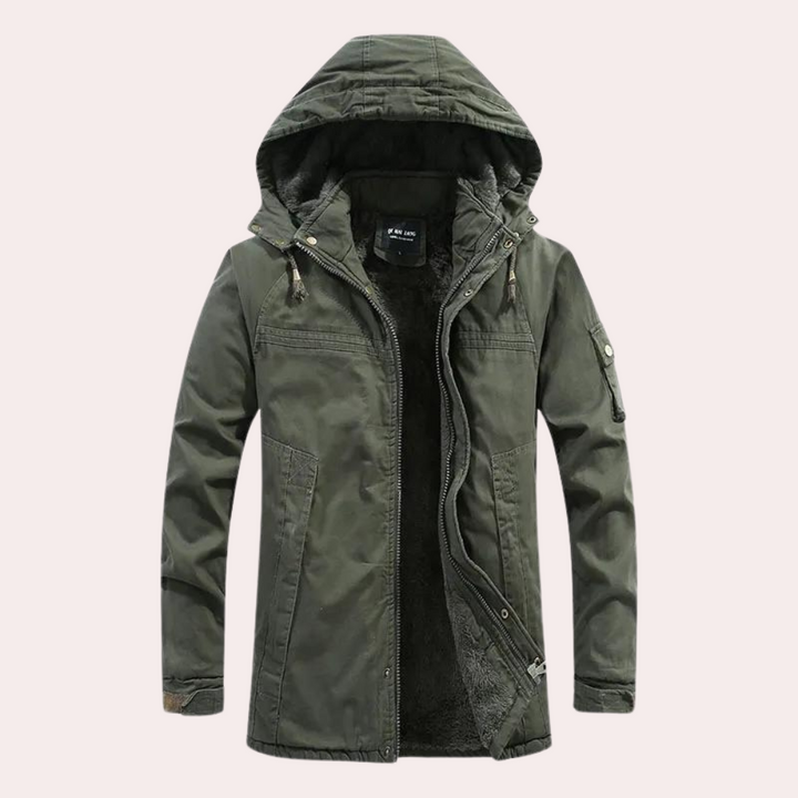 Grüne Herrenjacke mit Kapuze, Reißverschluss, warm gefüttert, Outdoor, Wintermode.