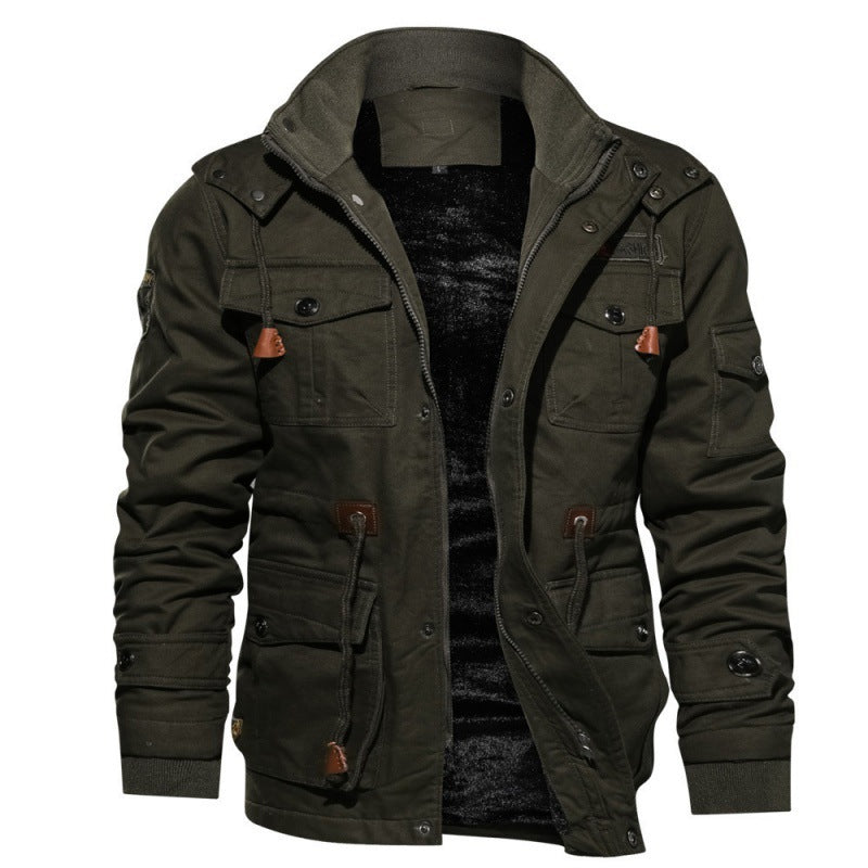 Olivgrüne Herrenjacke, Baumwolle, mit Kapuze, Taschen, Outdoor, modisch, warm, Herbst/Winter.