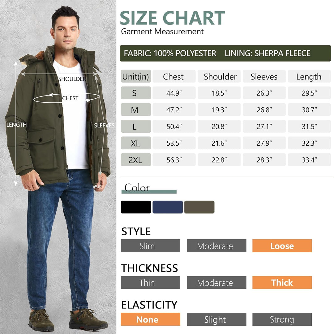 Grüne Herrenjacke mit Kapuze, Polyester, Sherpa-Fleece, Größentabelle, lässiger Stil.