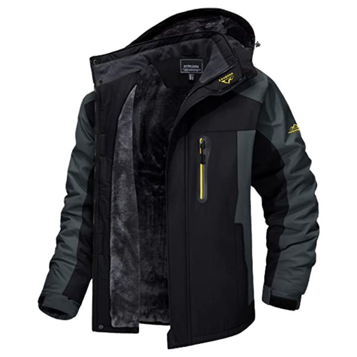 Schwarze Herren-Skijacke, wasserdicht, winddicht, mit Kapuze und Reißverschlusstasche.