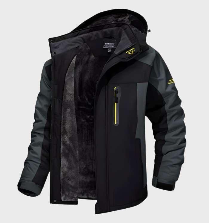 Schwarze Herren-Winterjacke, wasserdicht, mit Kapuze und Reißverschlusstasche, Outdoor-Bekleidung.